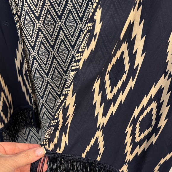 Rue21 Navy and Tan Aztec Patterned Open Cardigan with Fringe - Picture 5 of 5